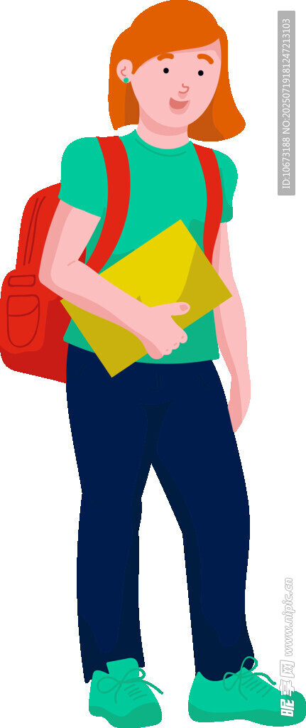 背着书包的红发上学女孩