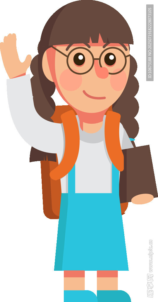 挥手的戴眼镜上学小女孩
