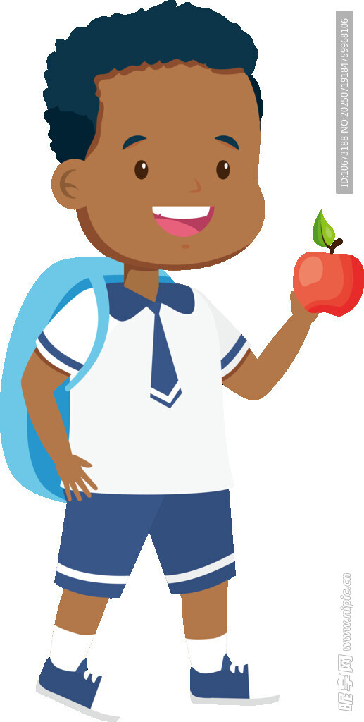 背着书包的男孩手持苹果
