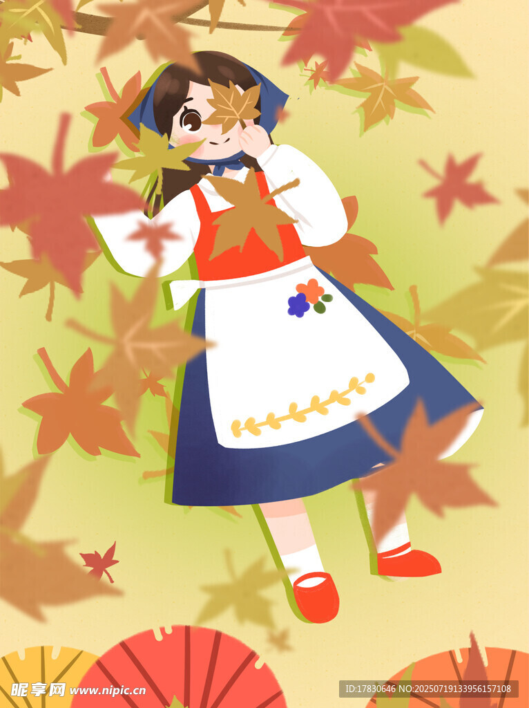 秋日少女身着民族服饰赏叶
