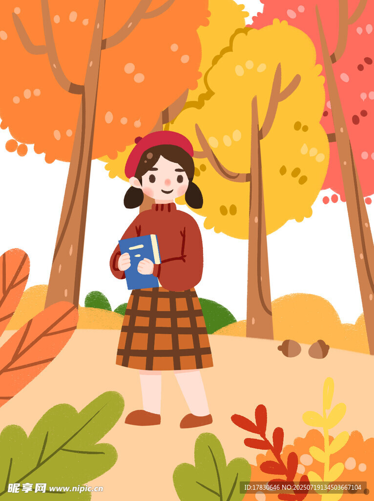 秋日女孩漫步落叶树林