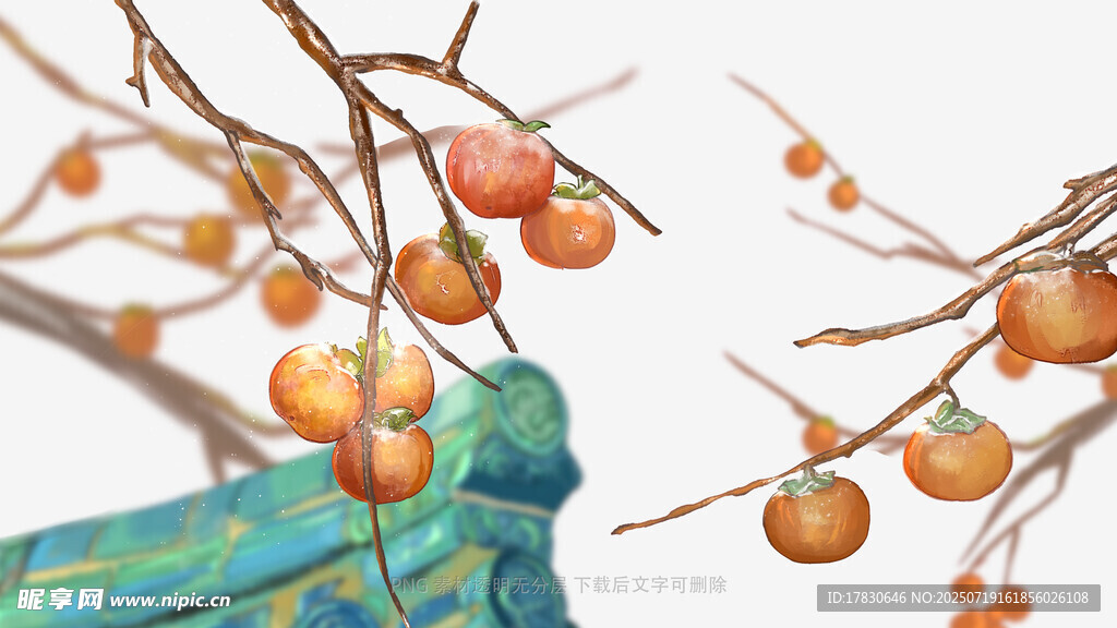枝头橙果与蓝绿织物相映