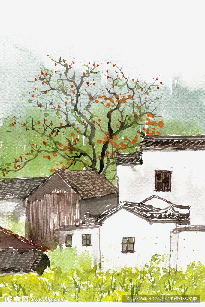 江南田园风光水墨画