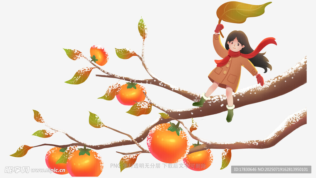 女孩倚坐枝头赏秋柿