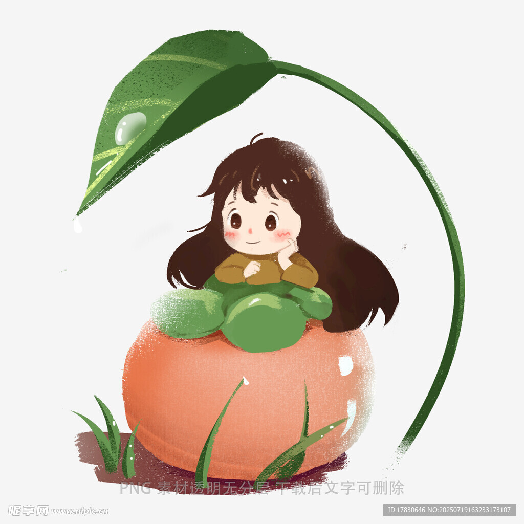 女孩坐于南瓜上与绿叶相伴