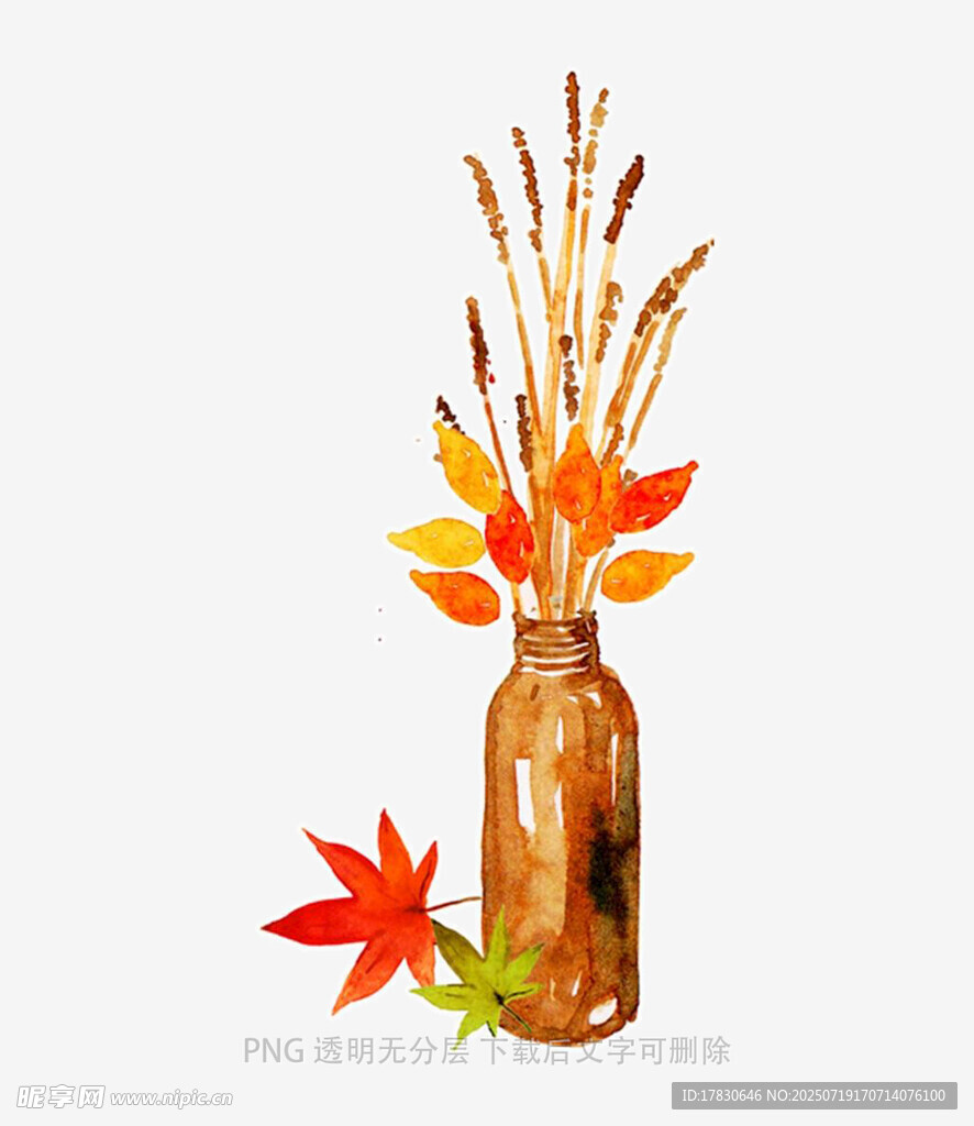 花瓶插秋叶与麦穗装饰画
