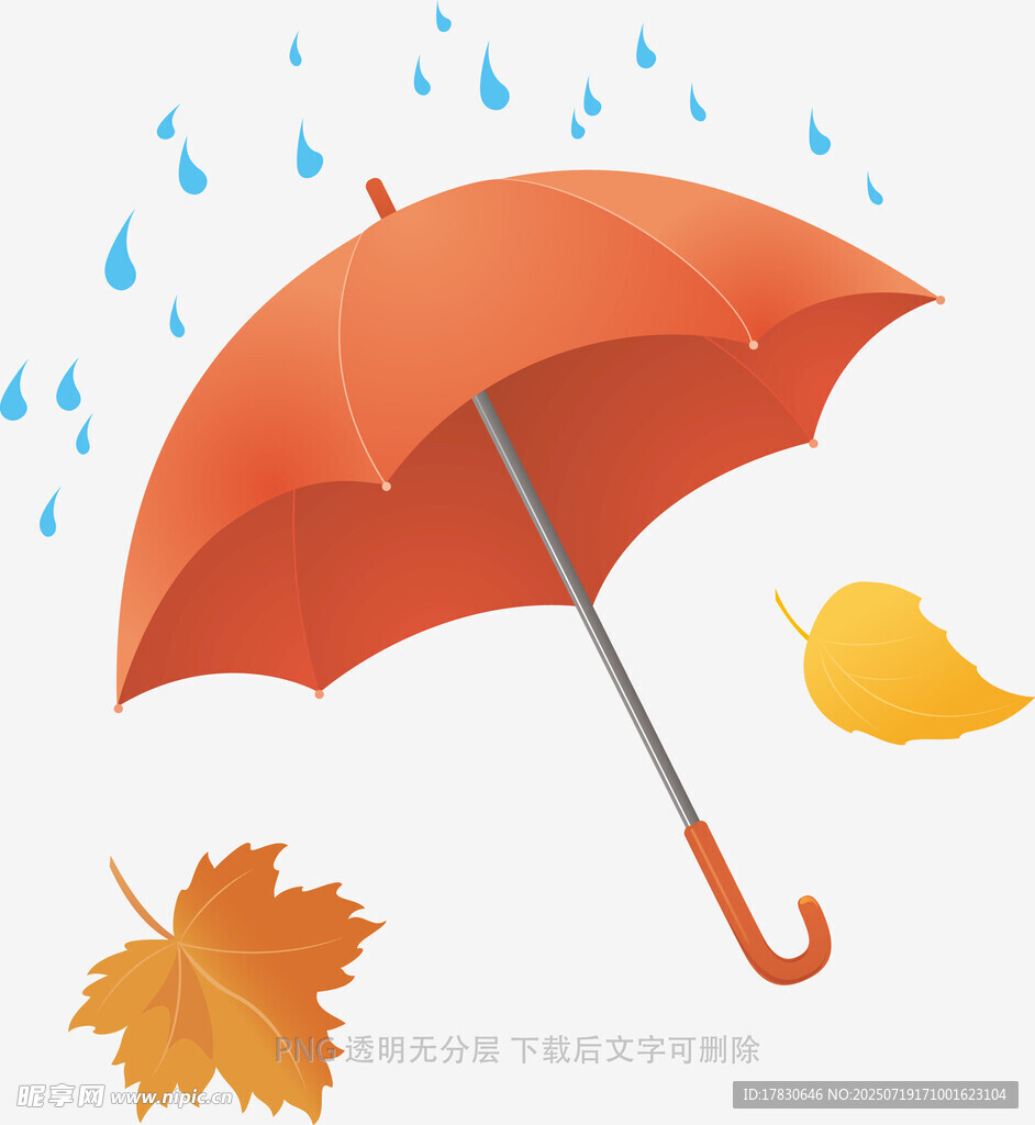 秋日红伞下的雨滴与落叶