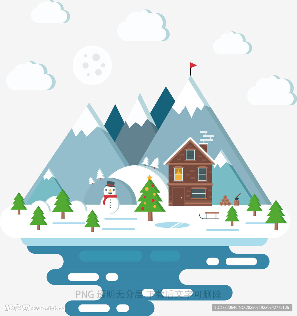 冬日山间小屋雪景图
