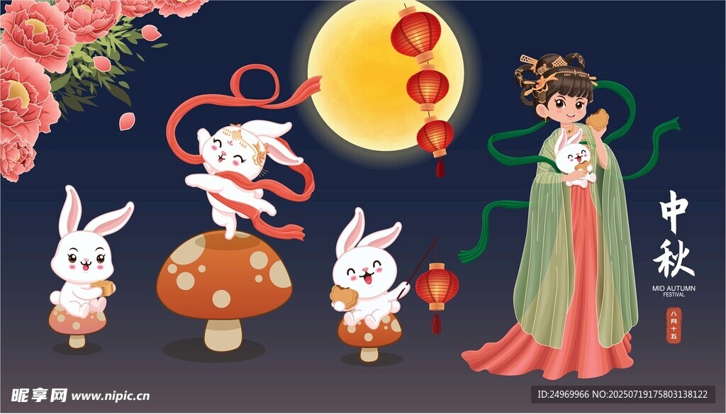 嫦娥玉兔伴月中秋图景