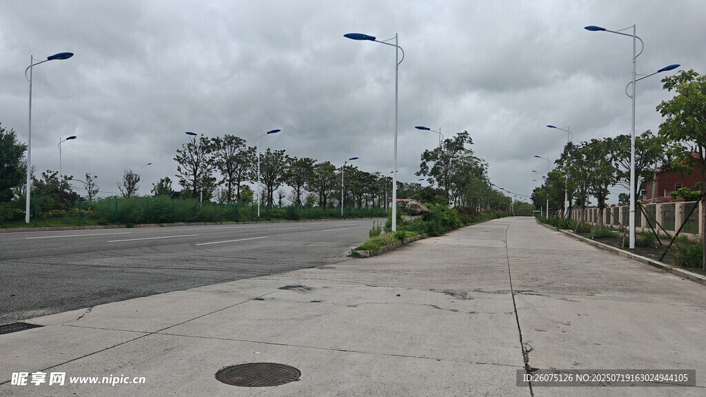 空旷道路旁的路灯与绿植