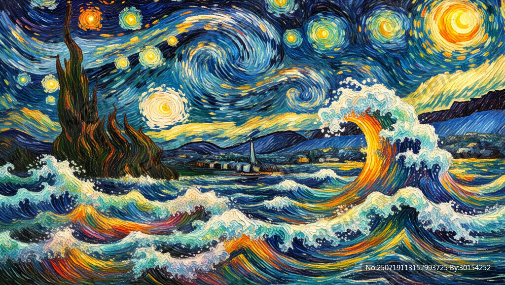 彩色蜡笔星空海浪