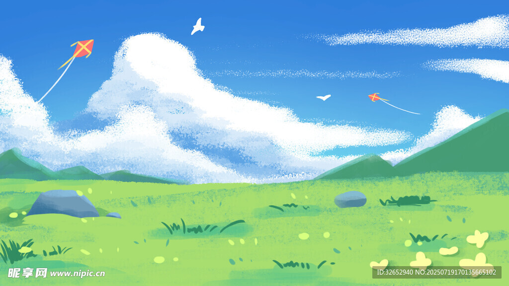 夏日绿野天空风筝美景