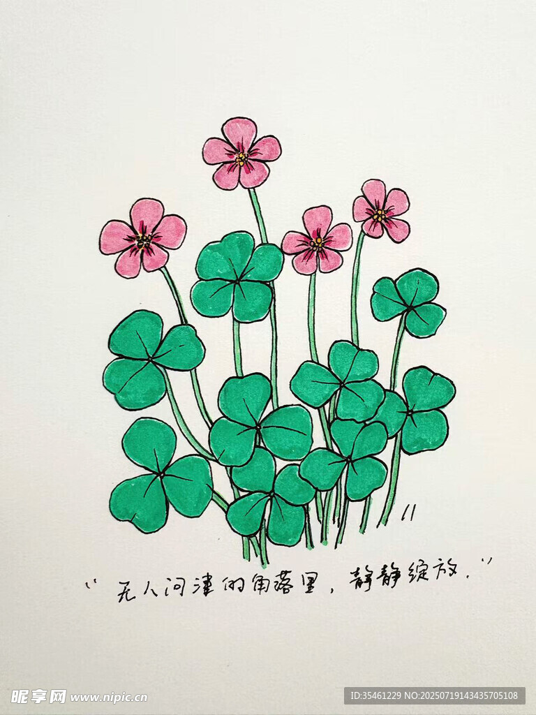 手绘粉色花朵与绿色叶片
