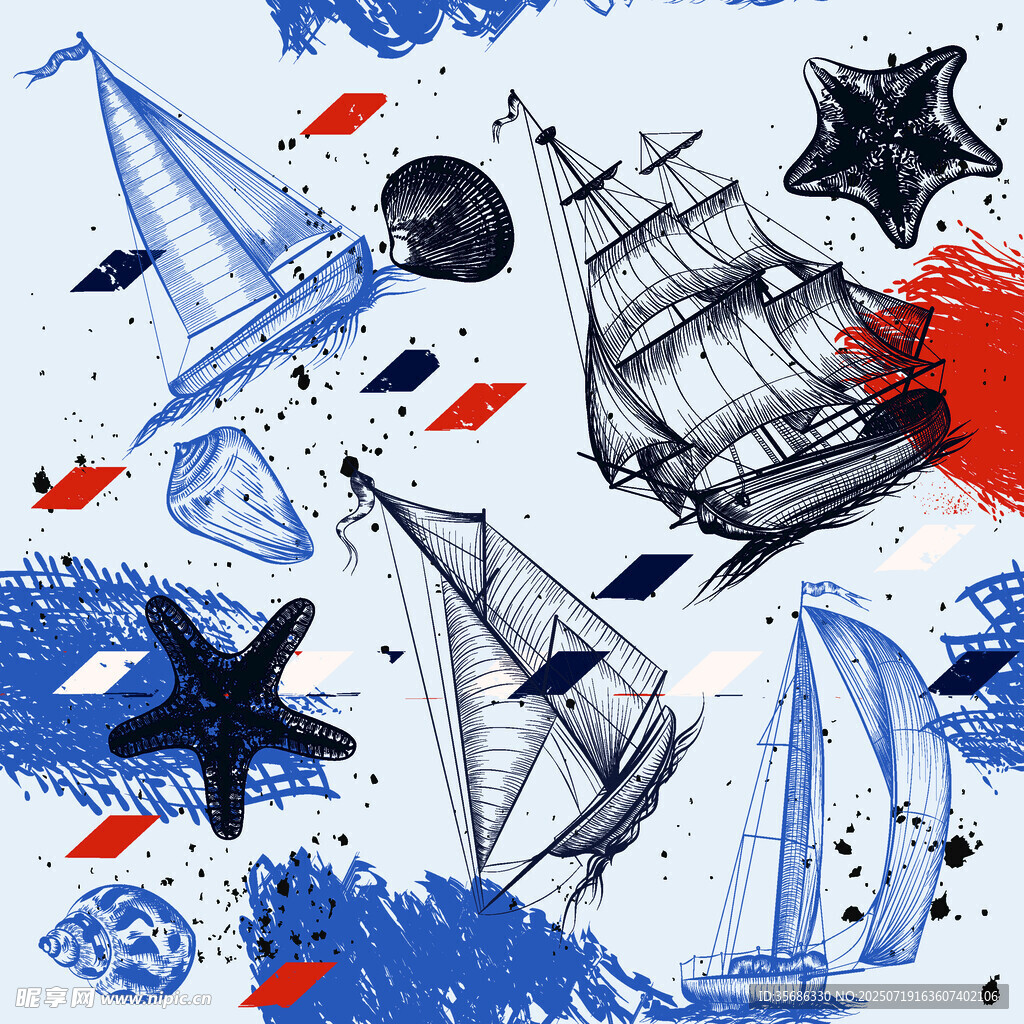 航海元素手绘插画图案