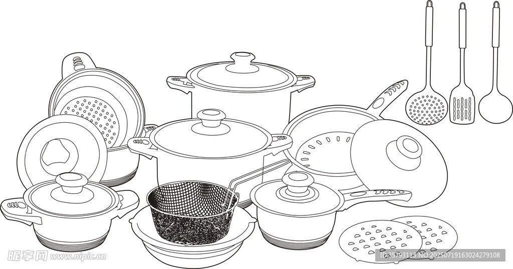 多样厨房炊具餐具集合 勾线图