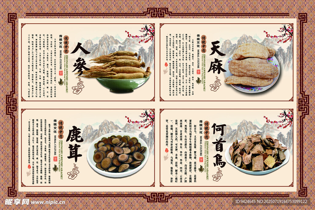 人参天麻鹿茸何首乌中药图