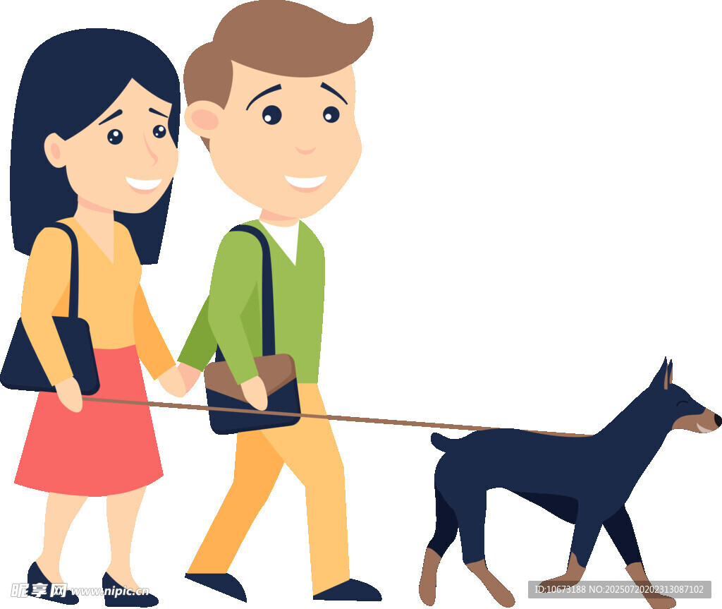 情侣牵杜宾犬悠闲散步