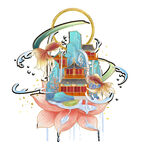 中式奇幻莲花宝塔插画