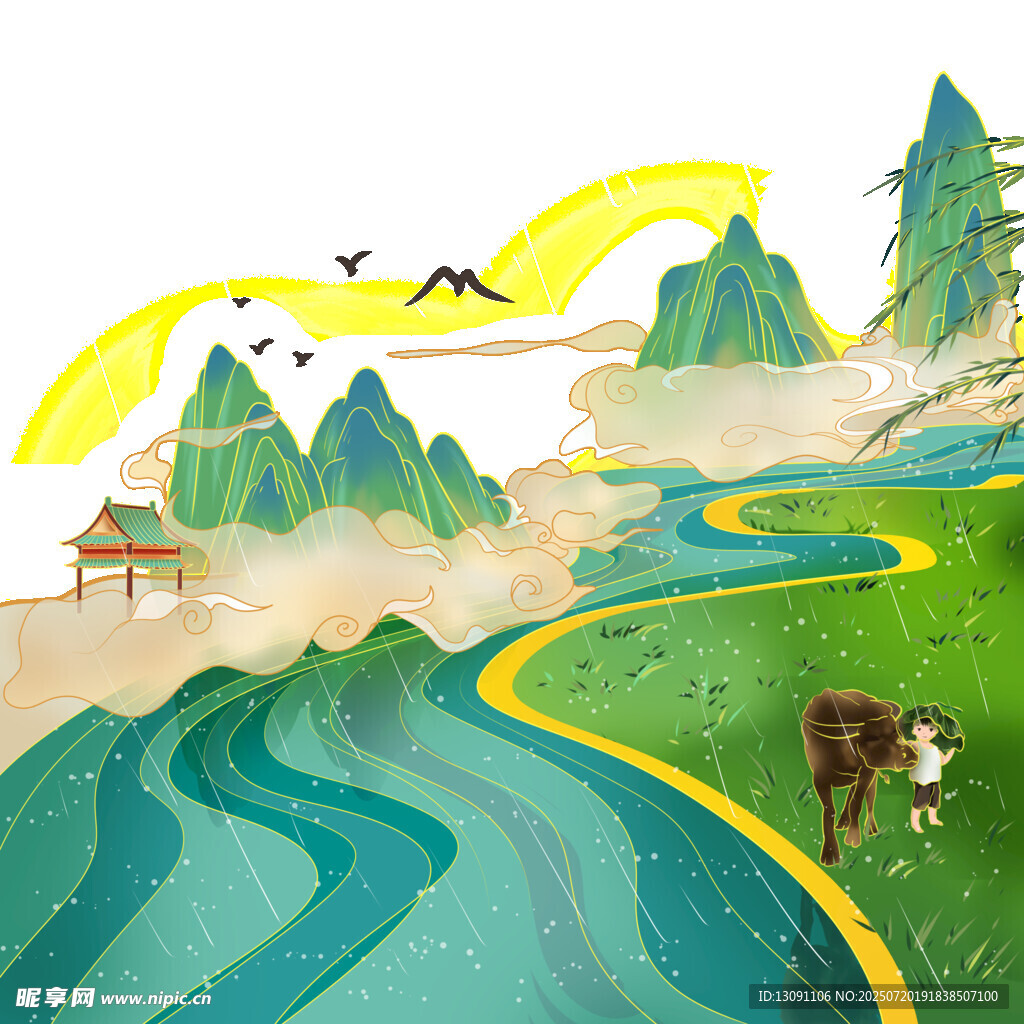 水墨风山水间蜿蜒河流画面