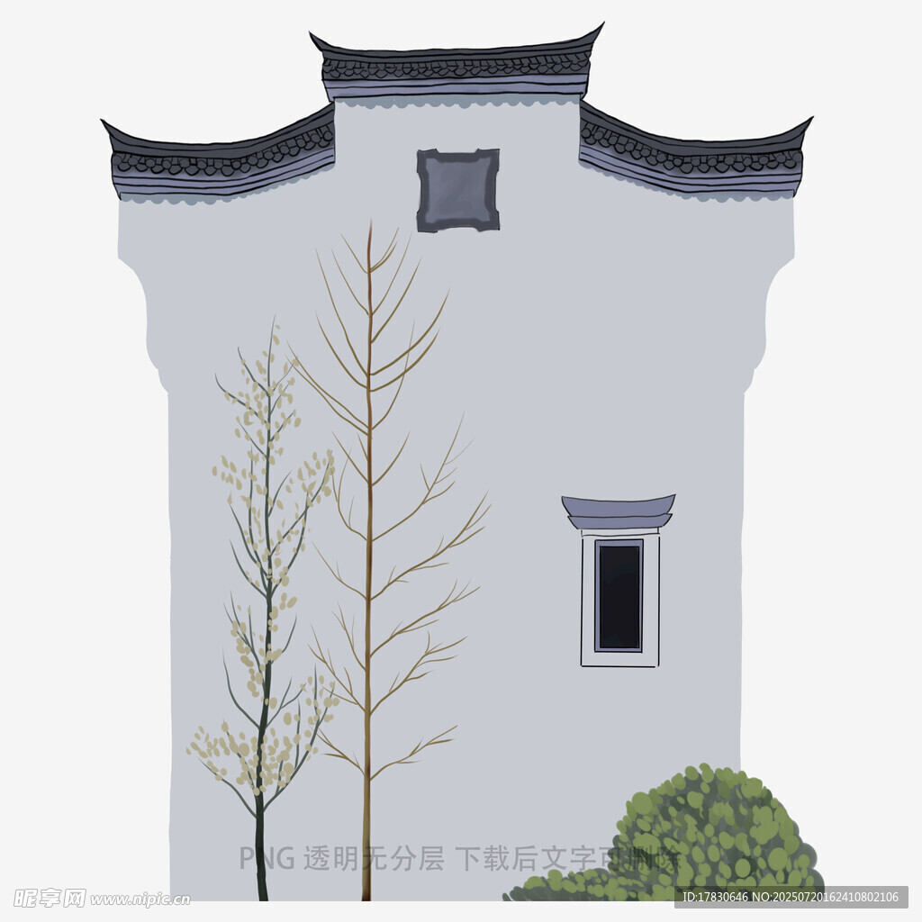 中式白墙建筑与树木景观
