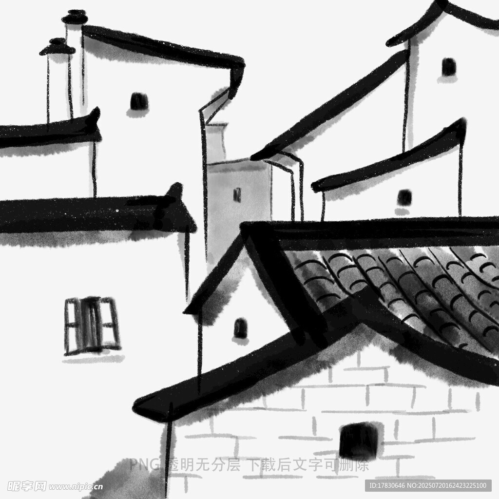 水墨徽派建筑屋顶景致