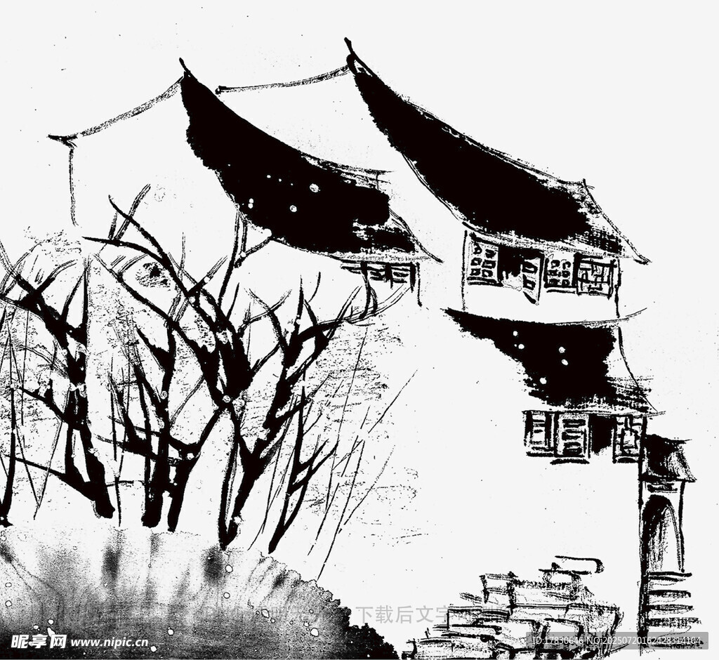 水墨古风楼阁雪景图