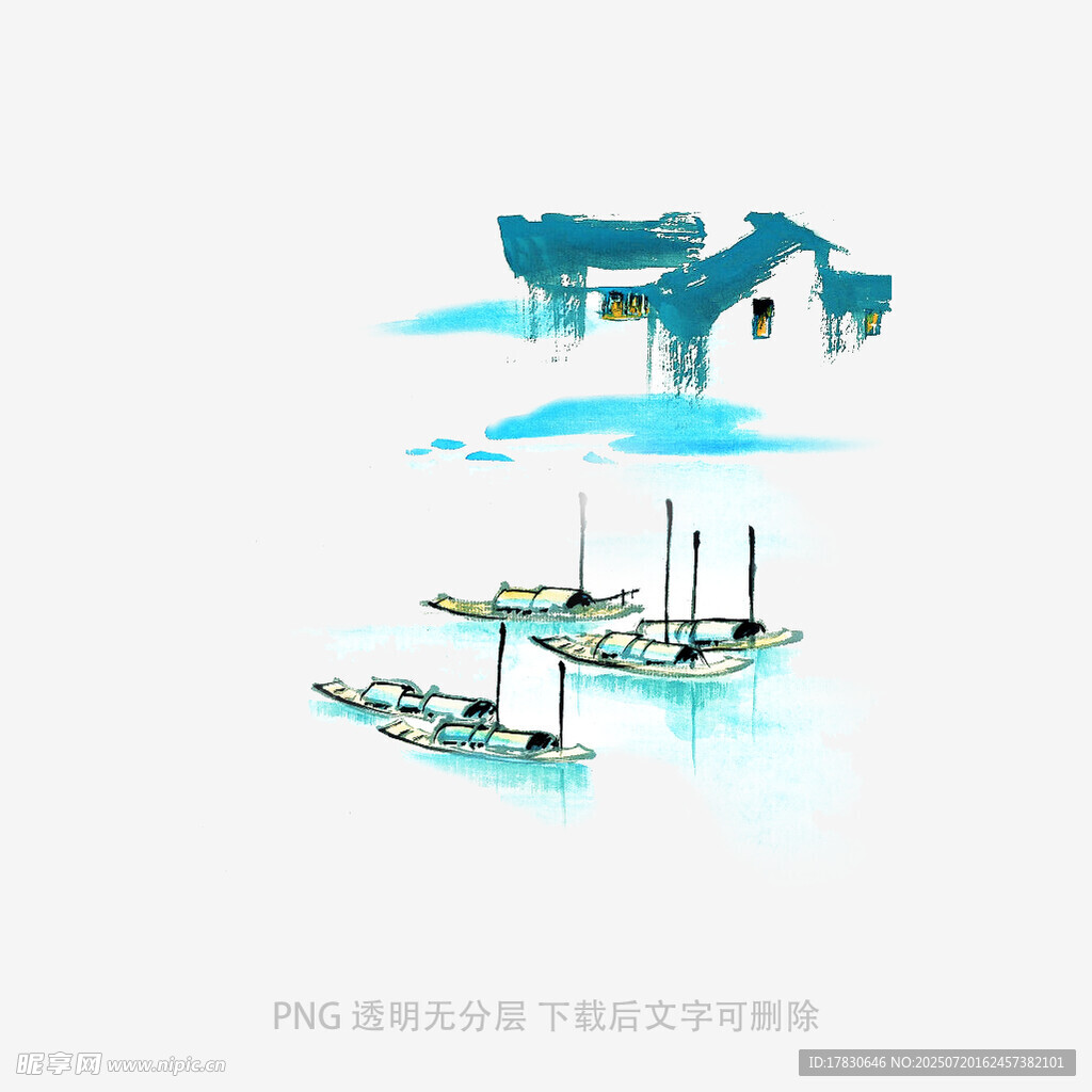 中式山水船只建筑插画