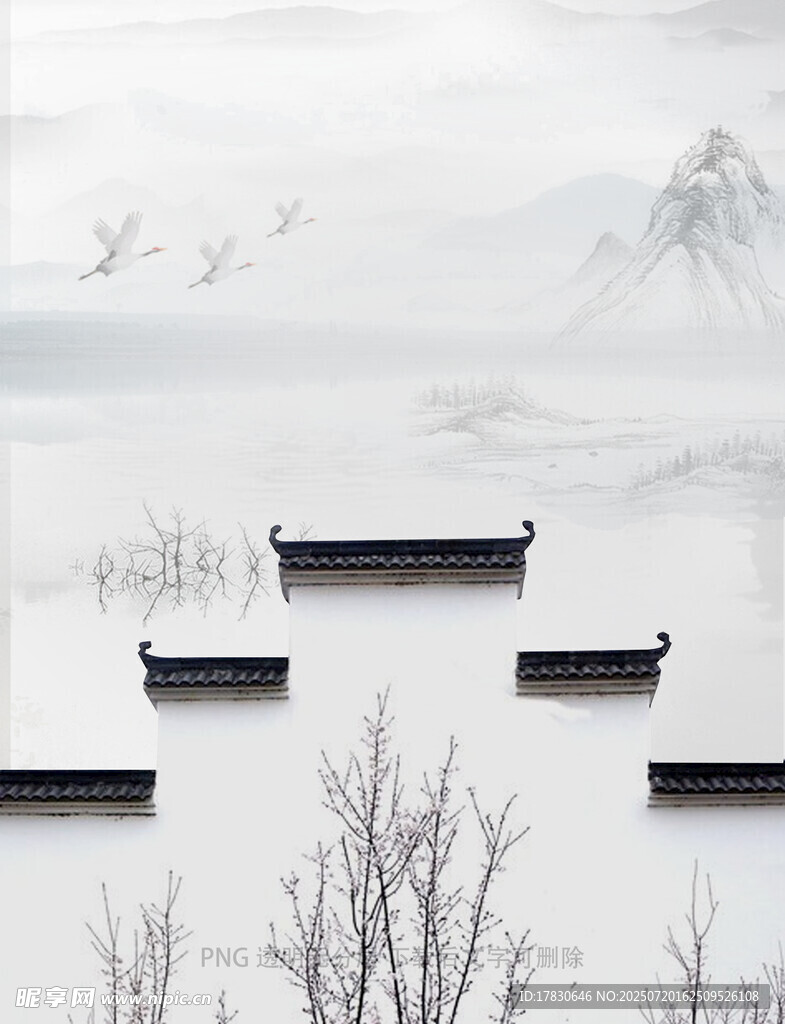 水墨徽派建筑远景图