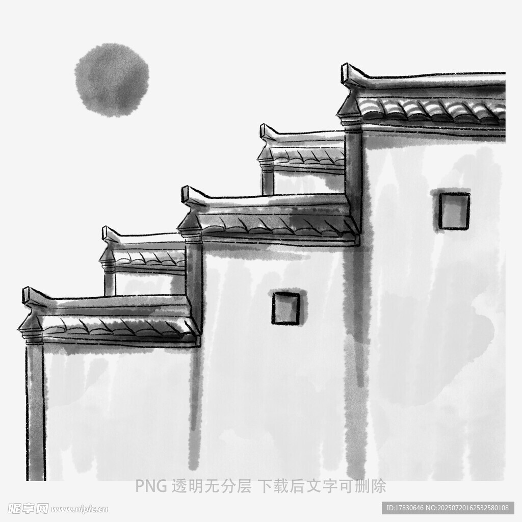 水墨风古建筑与月景
