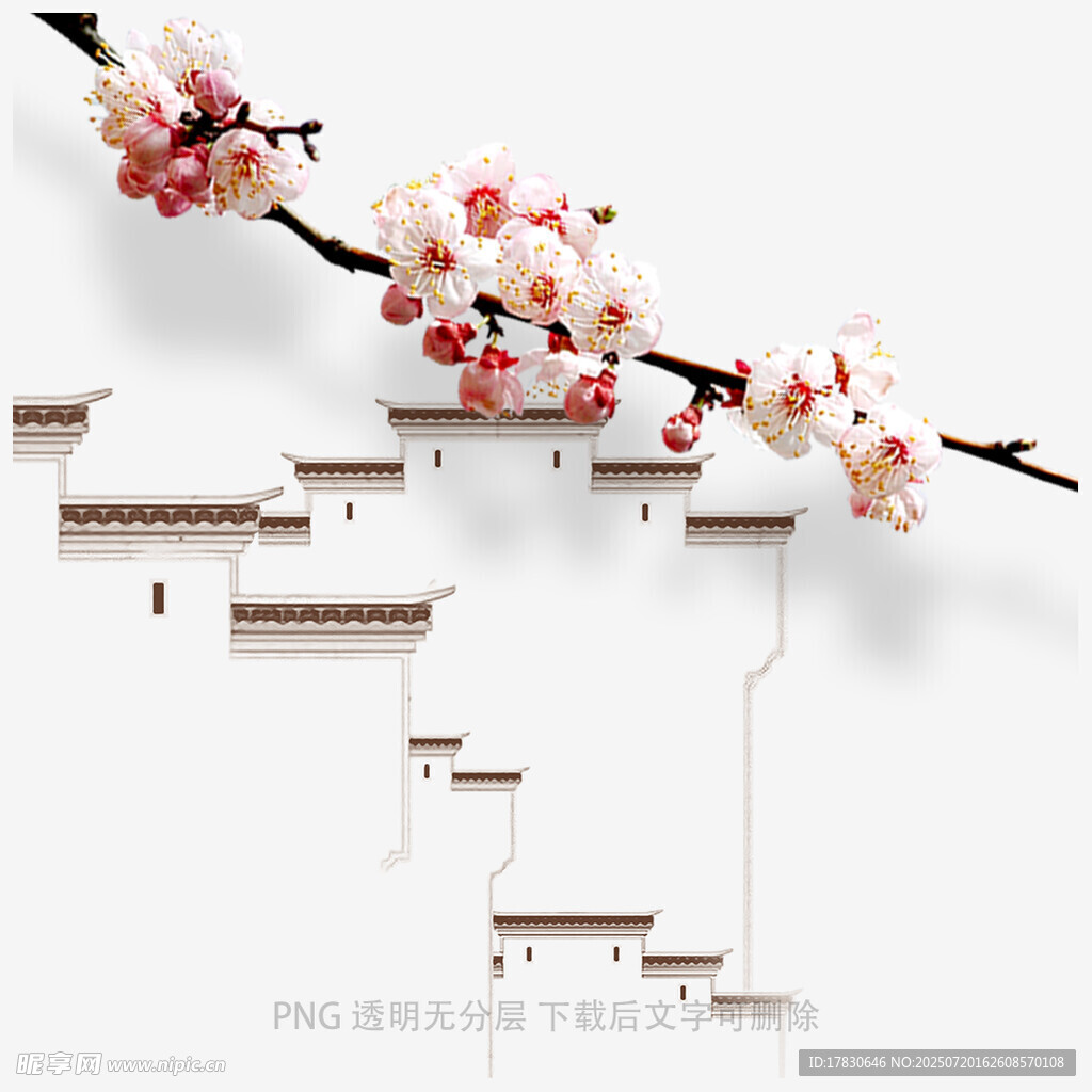 中式古风建筑与绽放花枝