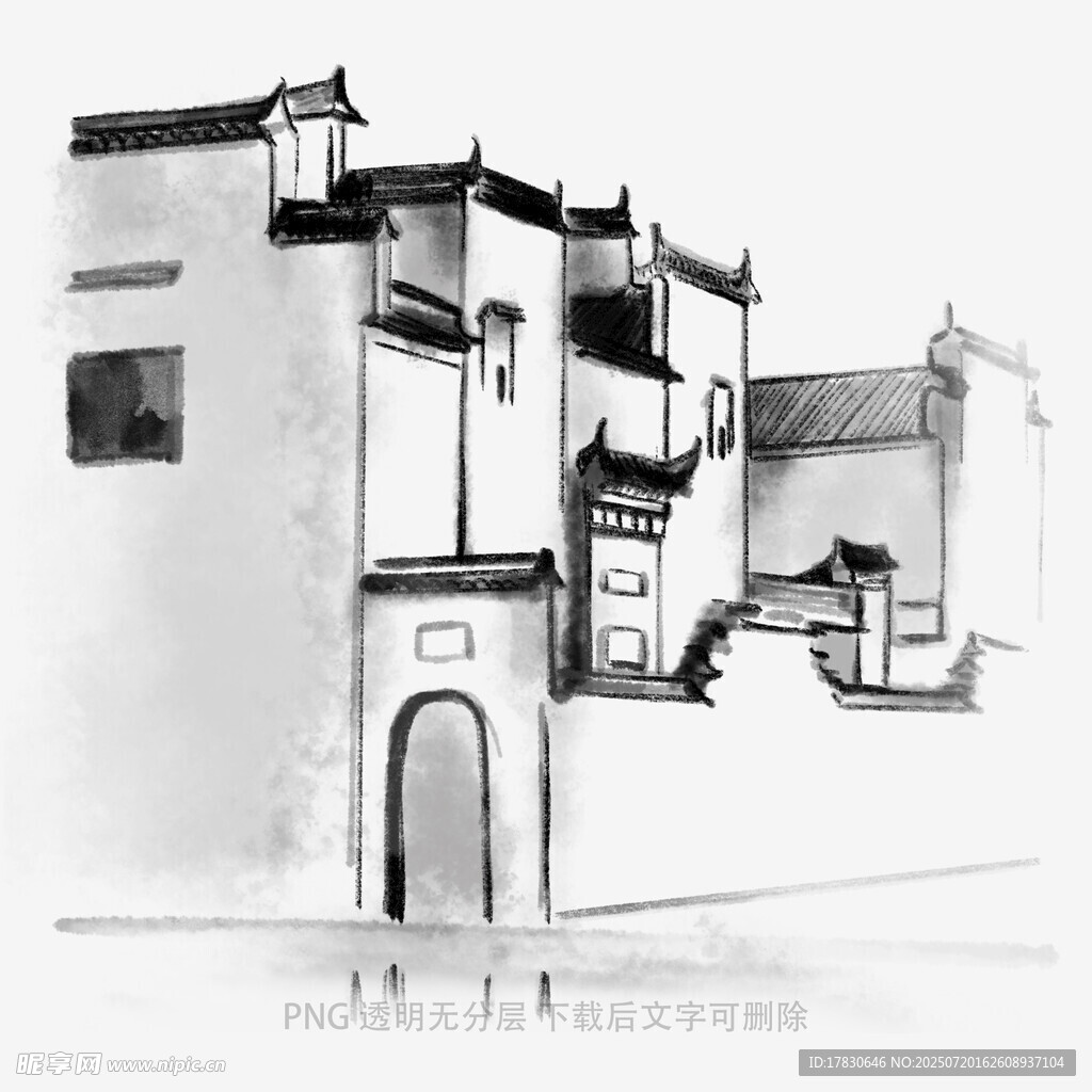 水墨风徽派建筑黑白画