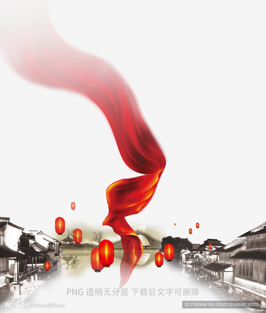 红绸飘拂下的中式古韵场景