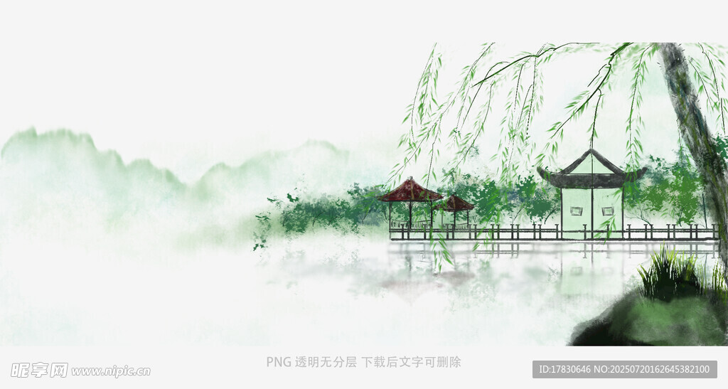 水墨江南湖畔亭阁美景