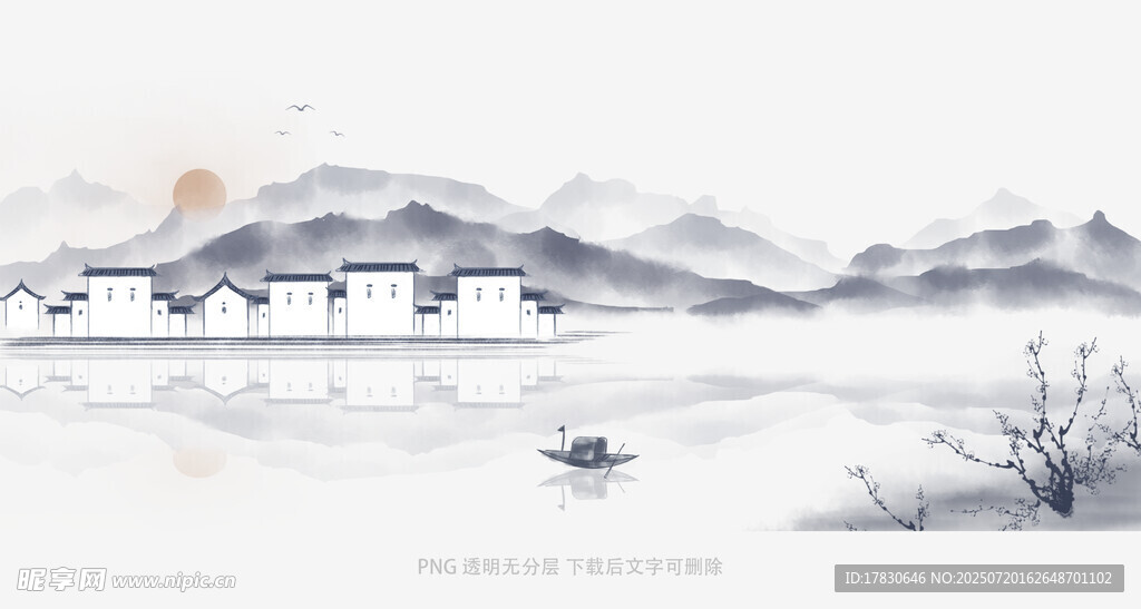 水墨江南山水小船图景