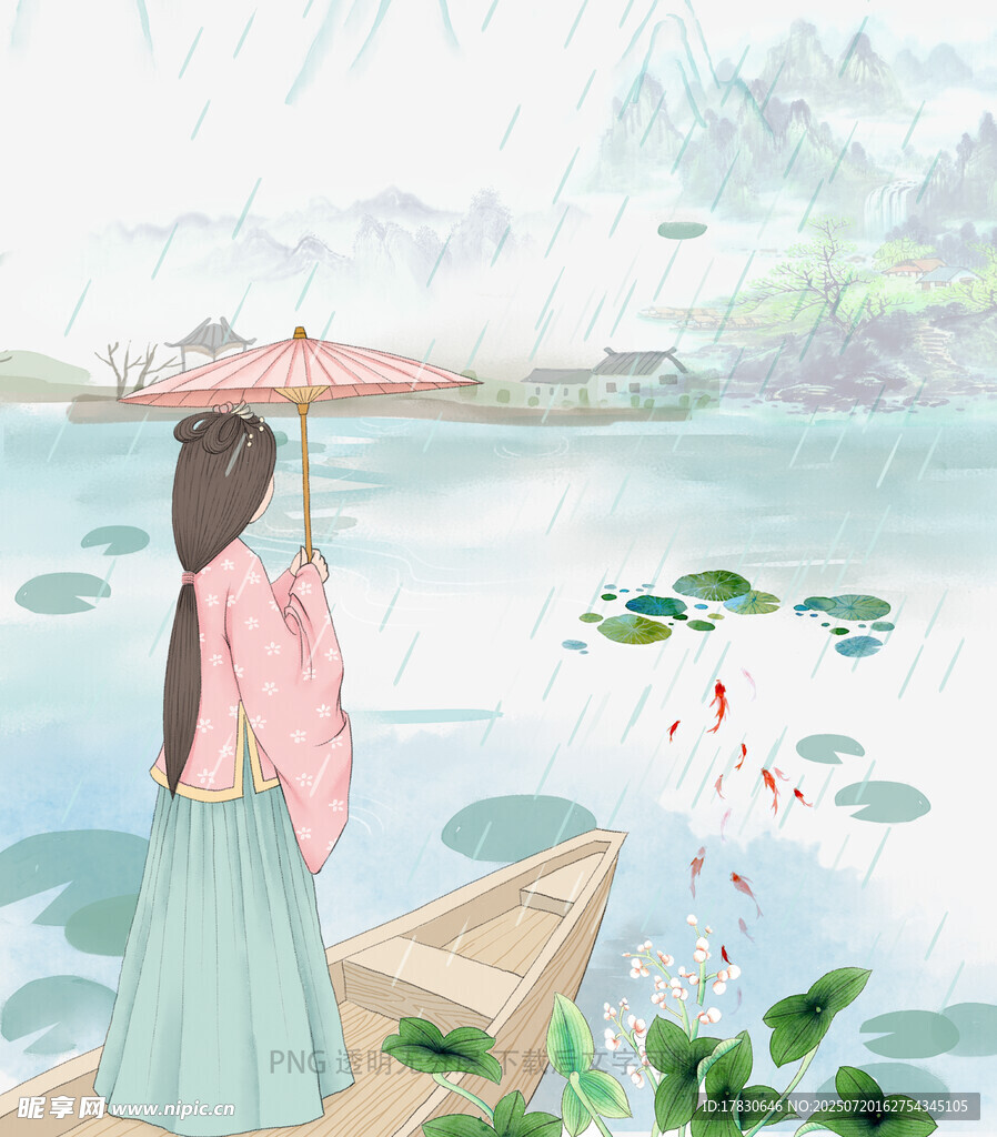 撑伞泛舟的古风女子