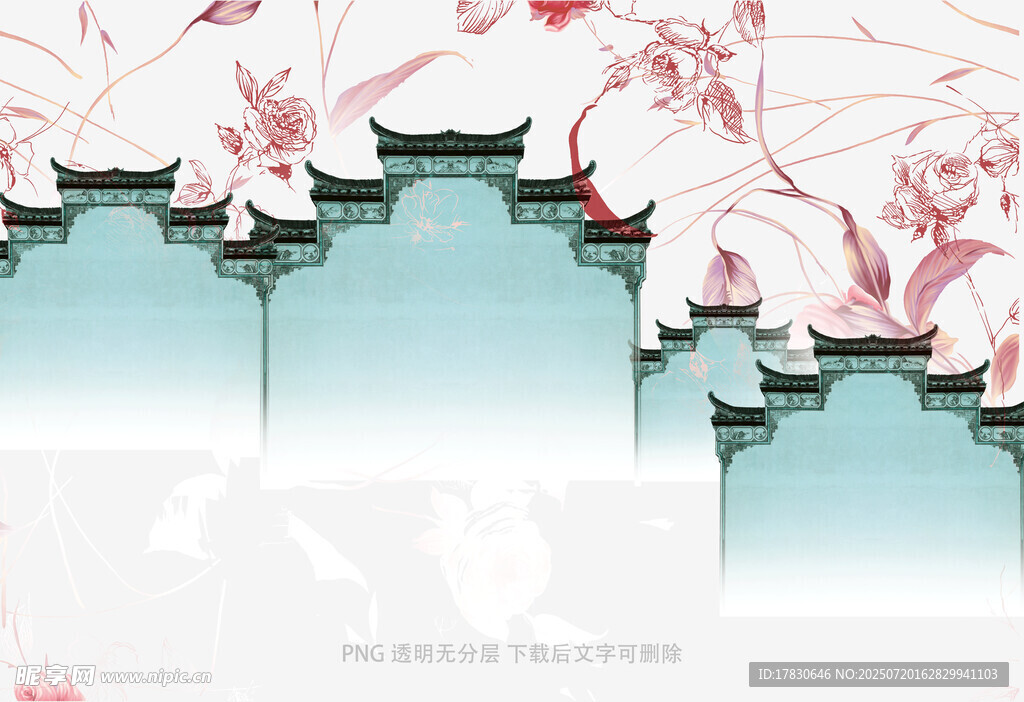 中式古风屋檐花卉背景图
