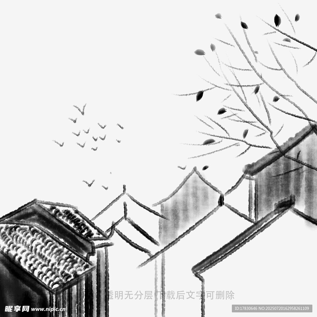 水墨风古建筑与飞鸟景致