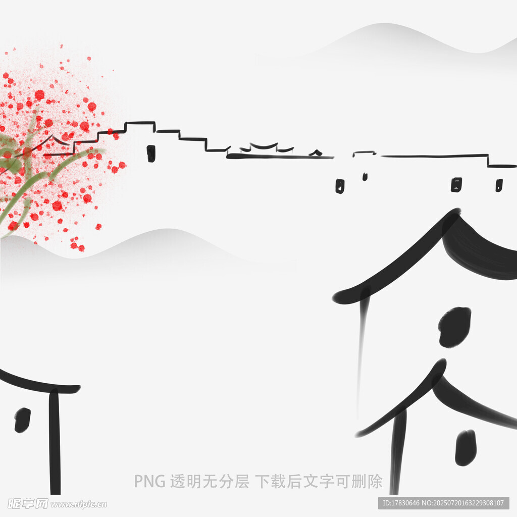 中式水墨风建筑与花枝