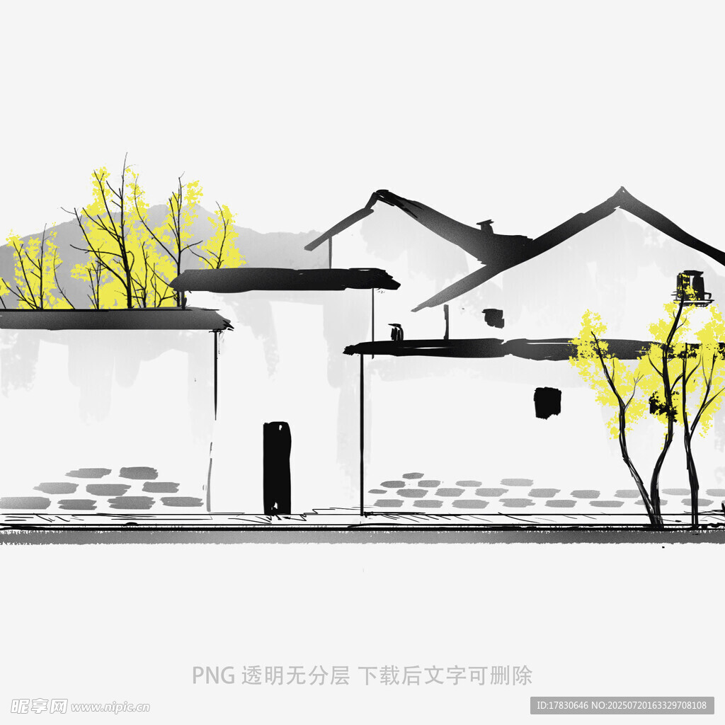 水墨风徽派建筑风景图