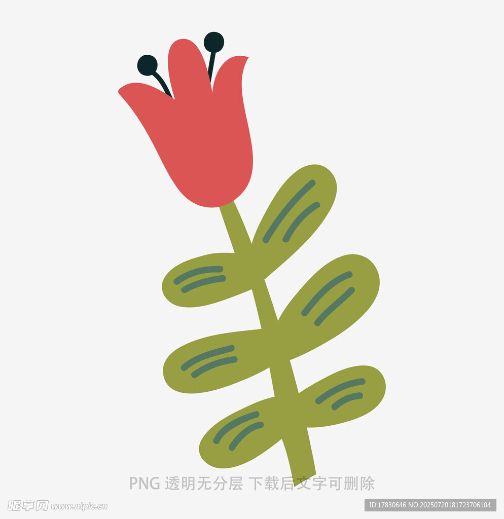 手绘红色花朵与绿叶图案