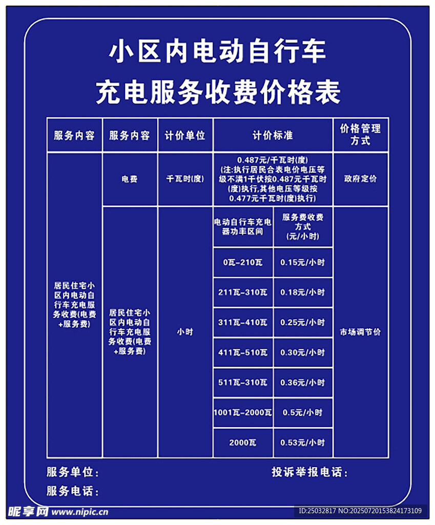 小区电动车充电桩收费表