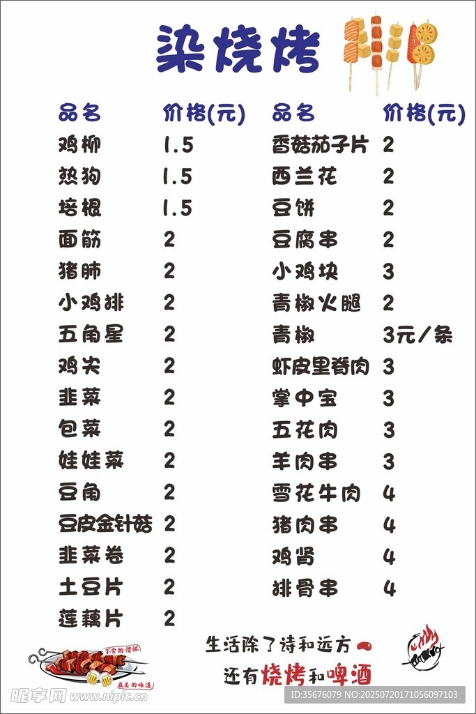 烧烤菜单价目表