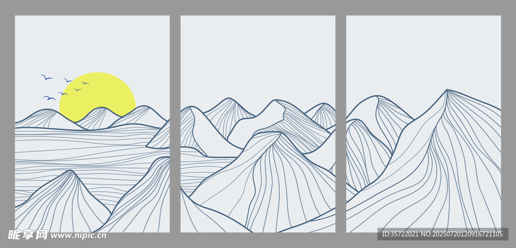 日出群山简约线条画
