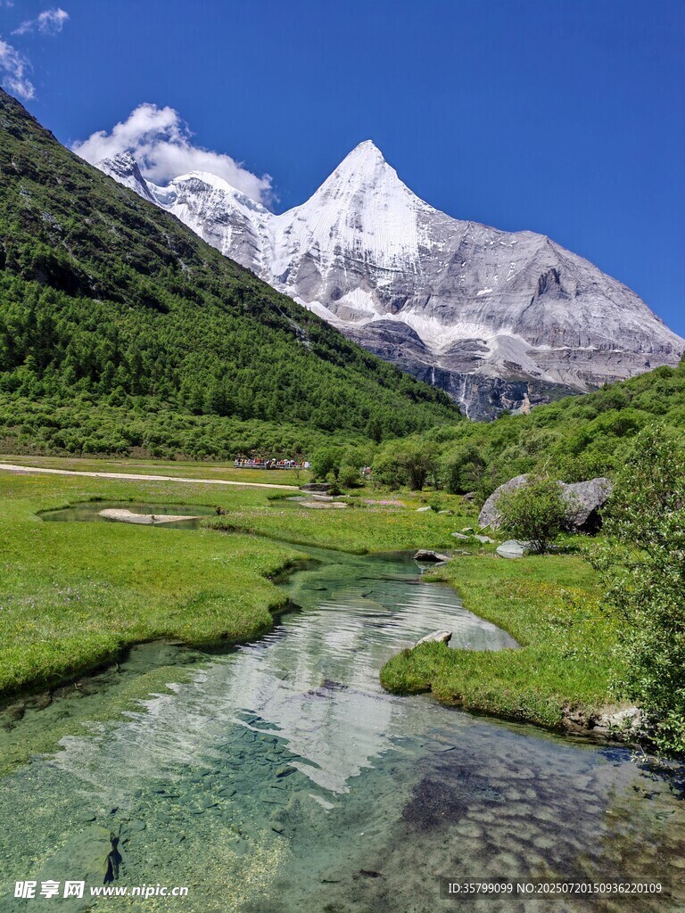 雪山下的清澈溪流美景