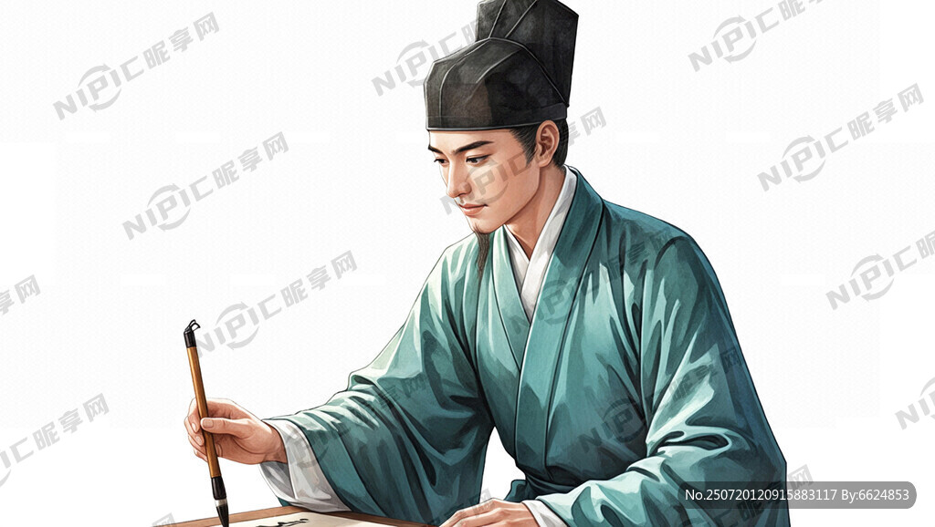 一位青年唐代儒士 身穿青色长袍