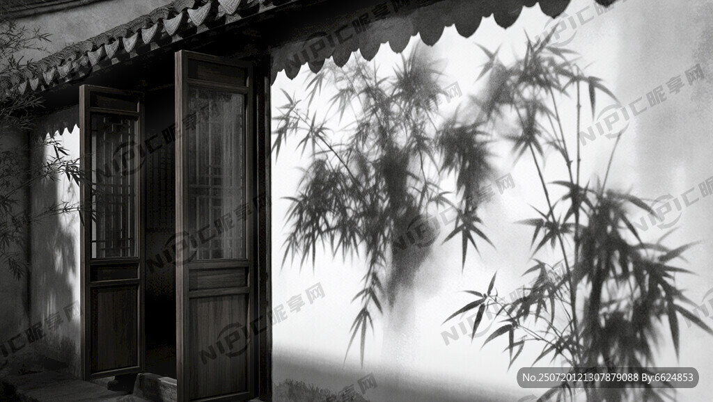 古代中式庭院夜晚 半开木窗