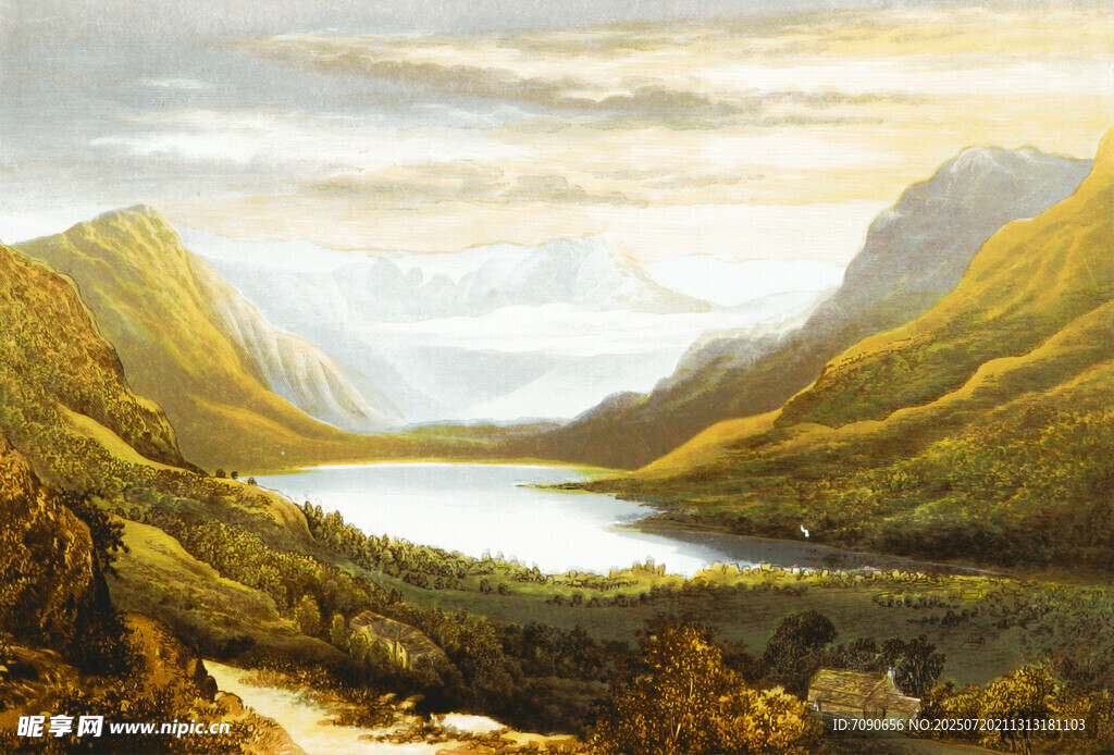 山间湖泊风景油画