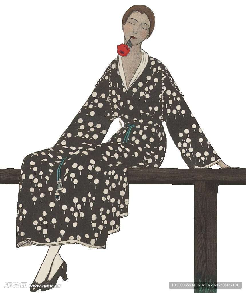 复古波点长裙女士坐姿图