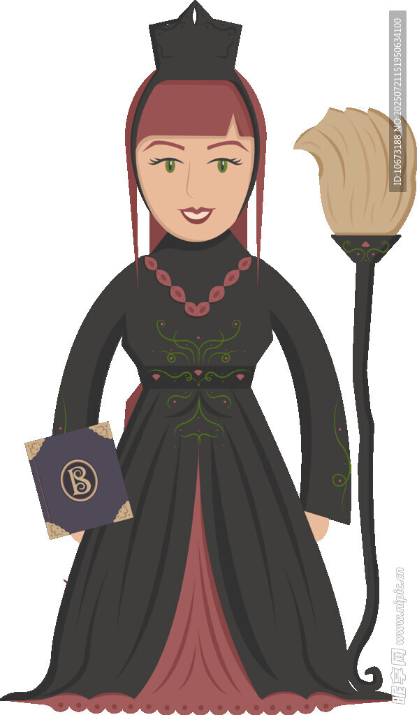 女巫形象手持扫帚与魔法书