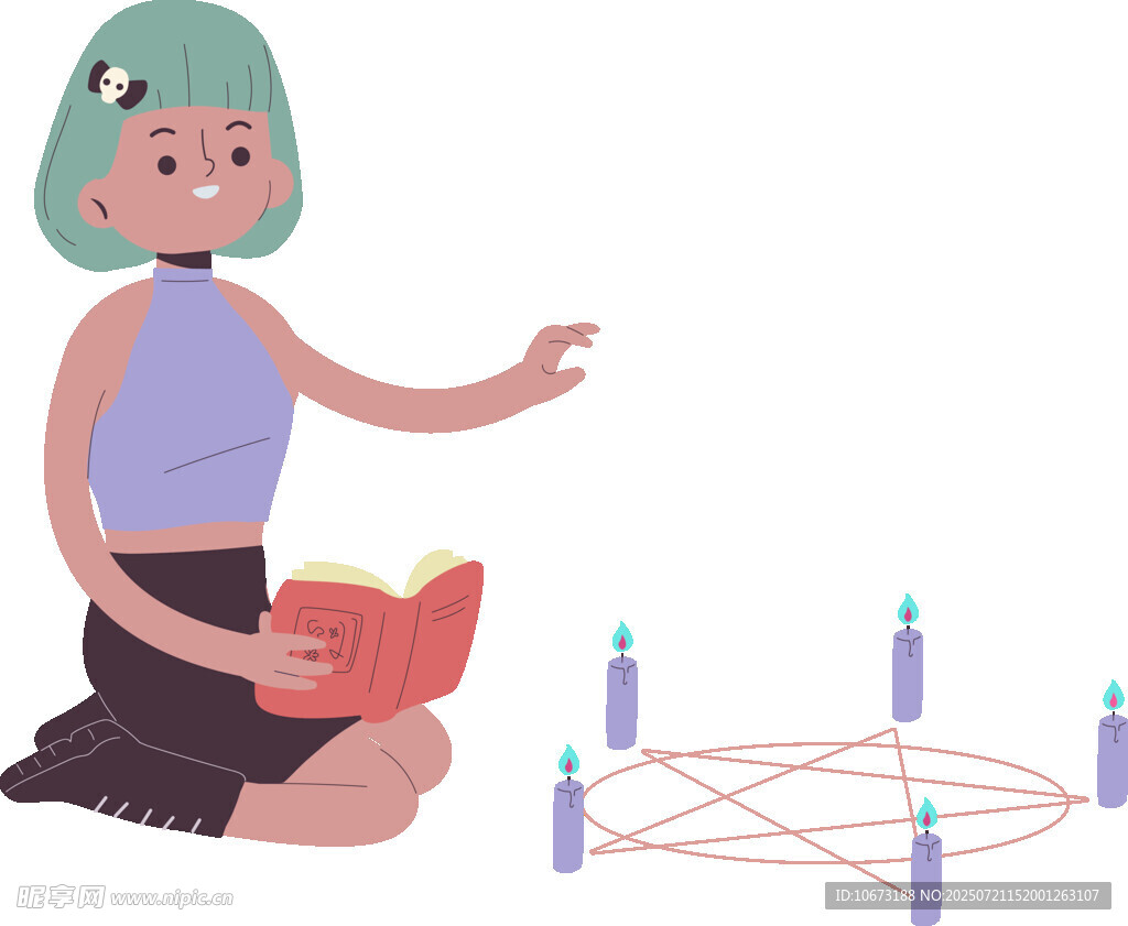 女孩专注于神秘仪式场景